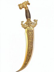 Ornate Golden Dagger with Intricate Detailing, Featuring a Decorative Handle and a Curved Blade Embellished with Filigree Patterns and Scrollwork