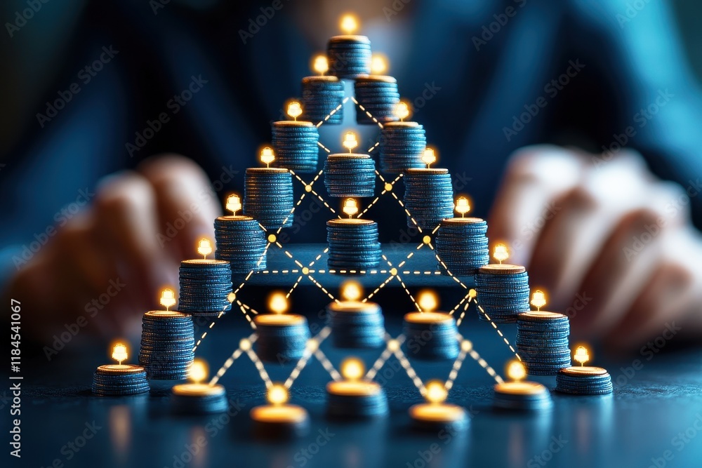 Poster conceptual representation of financial growth with stacked coins and illuminated lights creating a p