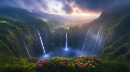 Fototapeta premium Serene valley waterfalls at sunset, lush greenery