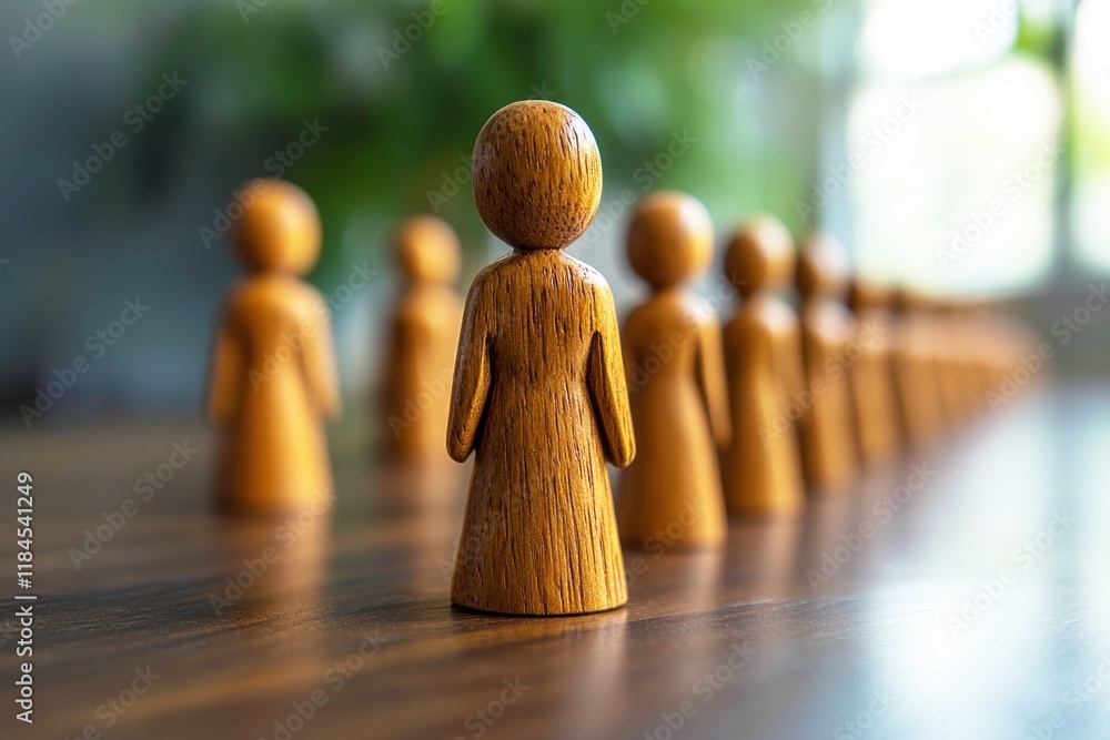 Poster wooden figurines lined up on a table representing teamwork, collaboration, community, and unity in a