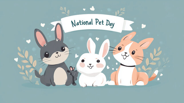 illustration, banner with text " National Pet Day", a cat, dog and rabbit are below the banner. Mockup for national pet day, cute animals.