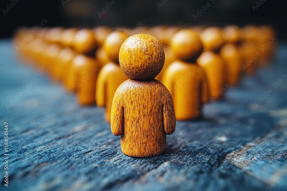 Poster wooden figurines representing community and individuality with background of arranged similar object