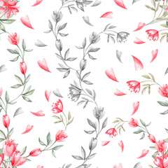Seamless pattern of petals and flowers on a white background. Watercolor illustration on the theme of St. Valentine's Day for decorating cafes, printing on postcards, fabric, packaging