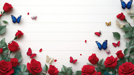 Vibrant butterflies and red roses on white wooden background. March 8, International Women's Day. The 14th of February. Happy Valentine's Day. Mother's Day
