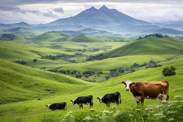 Naklejka premium A peaceful countryside scene of rolling green hills in TacuarembÃ³, dotted with grazing cattle under a bright sky