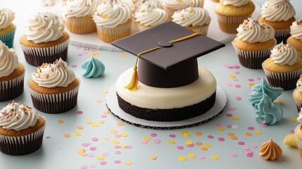 A graduation-themed dessert table with a cake shaped like a graduation cap, surrounded by colorful treats and confetti.