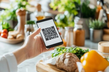 A person scanning a QR code on a restaurant menu with their smartphone to view digital options