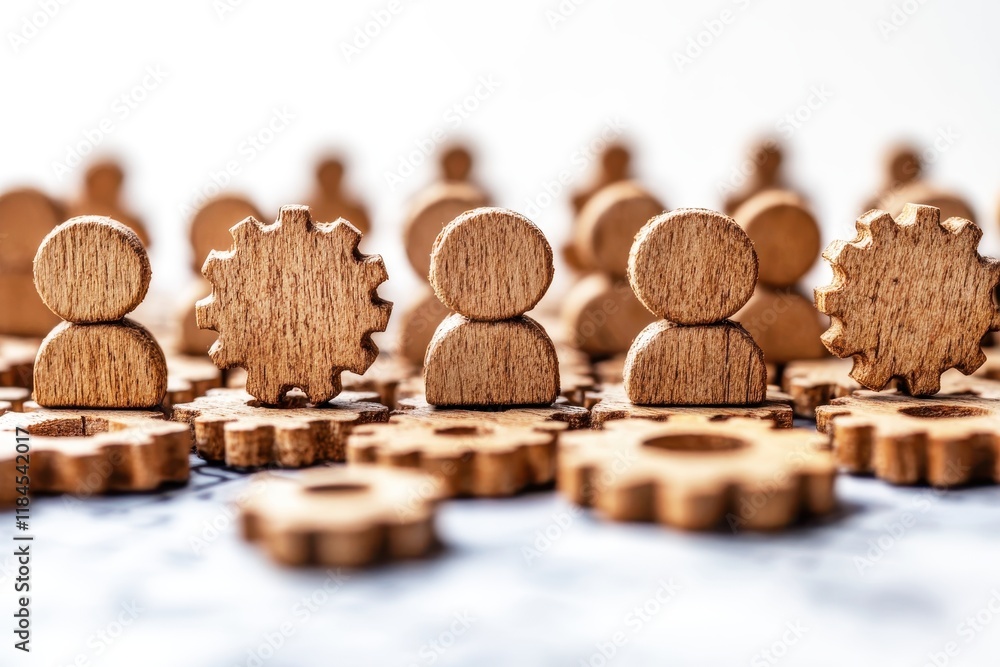 Poster wooden figures representing teamwork and collaboration with gears on a soft background for business 