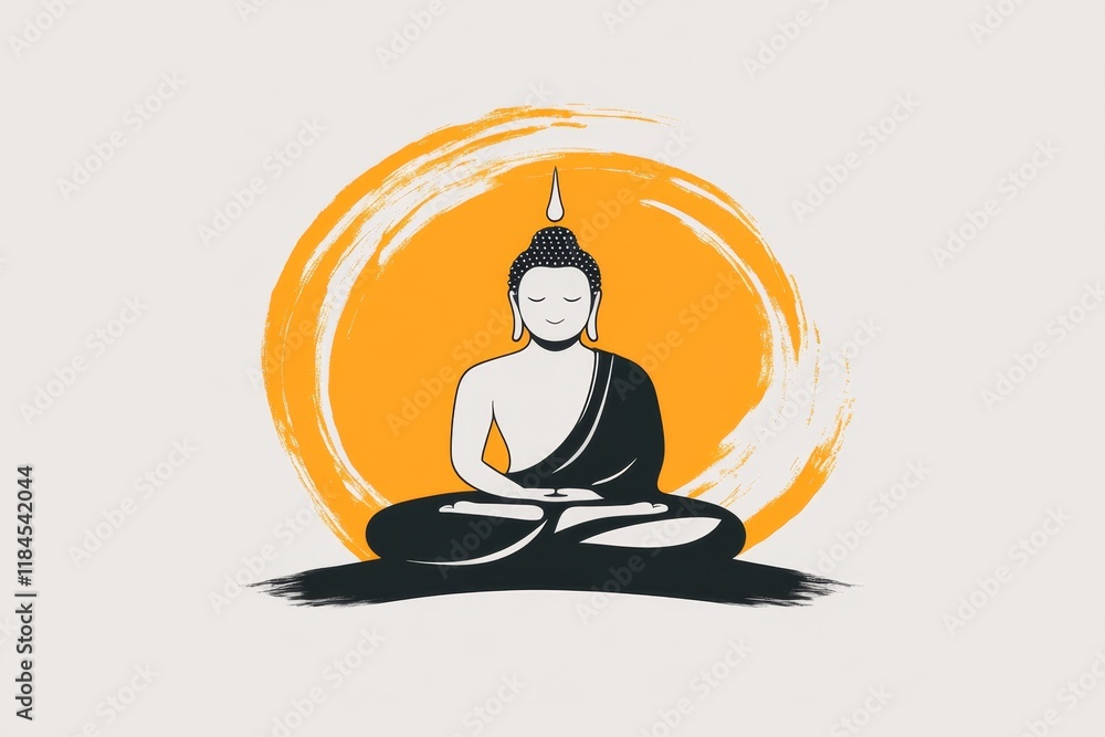 Poster a minimalist design of a golden buddha statue silhouette framed by a simple outline of an ubosot roo