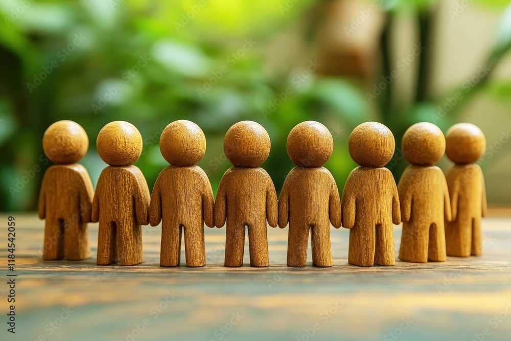 Aufkleber group of wooden figurines standing in a line against a natural background for use in concepts of com