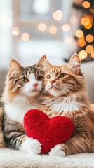 Two Adorable Cats Cuddling with Red Heart Shaped Pillow on Cozy Bokeh Background