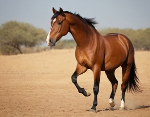 Obraz premium Majestic Horse Strut: A regal chestnut horse, exuding strength and grace, strides confidently across the golden terrain under a clear sky, showcasing its powerful build and spirit. Ai generated image