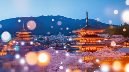 Fototapeta premium Nighttime cherry blossoms illuminate ancient pagodas