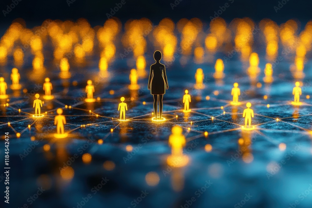 Poster conceptual illustration of digital connections with glowing network nodes and silhouette figure repr