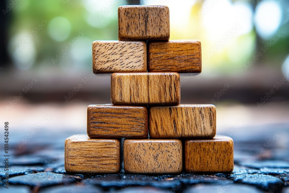 Poster stacked wooden blocks creating a tower structure on a natural outdoor background with soft blurred b