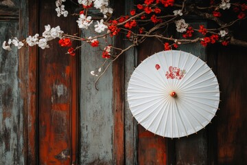 A minimalist design of a traditional Balinese umbrella, with intricate patterns simplified into clean outlines on a neutral background