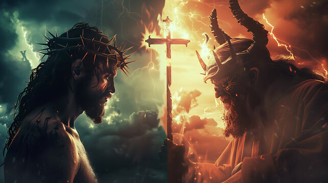A dramatic face-off between Jesus Christ holding a glowing cross and Satan wielding a fiery trident, with a divided sky of light and darkness 