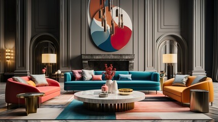 Mid-Century Modern Interior living room. Bold geometric patterns and vibrant hues  