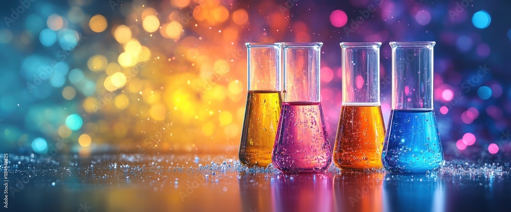 Poster colorful liquids in erlenmeyer flasks on a bokeh background.