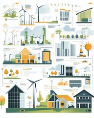 Fototapeta premium Green energy infographic displaying wind turbines, electric cars, and energy-efficient buildings