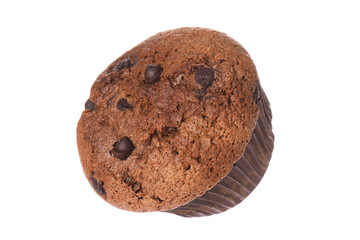Delicious sweet muffin with chocolate chips isolated on white