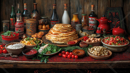 Rustic feast with traditional pancakes, vegetables, and spices on wooden table. Maslenitsa, Shrovetide, Butter Week. Traditional Slavic Festival. End of Winter, Bright Costumes, Festive Traditions