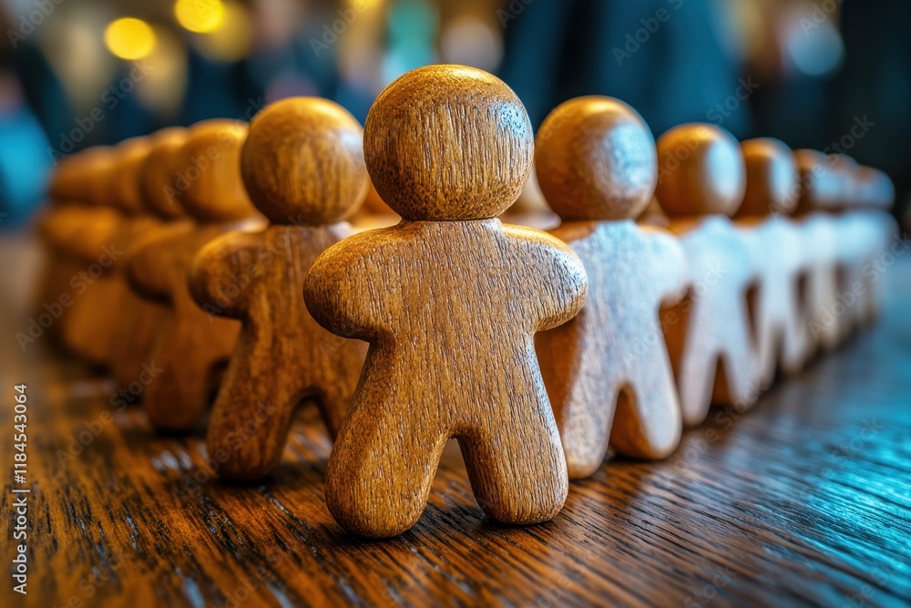 Poster wooden figurines arranged in a row on a wooden surface with a soft background creating a unique pers