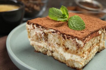 Piece of tasty tiramisu with fresh mint on table, closeup