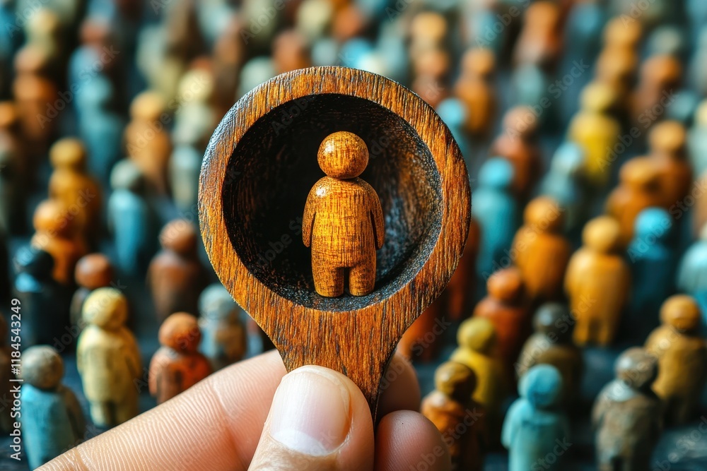 Poster conceptual image of a hand holding a wooden figure surrounded by numerous similar figures symbolizin
