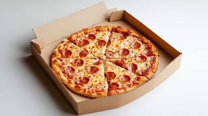 Delicious pepperoni pizza in a cardboard box, sliced and ready to eat.