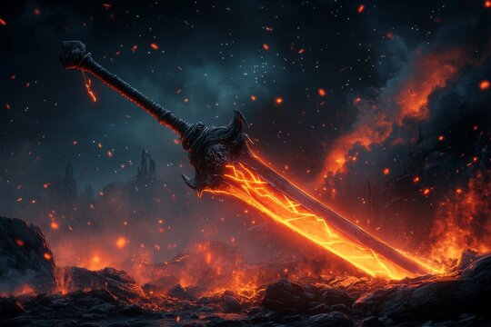 A pixel art representation of a unique fantasy weapon with glowing runes and animated sparks, set against a starry backdrop