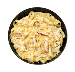 Tasty Alfredo pasta with chicken isolated on white, top view