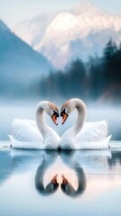 Obraz premium Swans Forming a Heart Shaped Reflection on a Serene Lake Amid Mountain Scenery