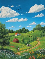 A Peaceful Countryside Scene, Rolling Green Hills, Fluffy Clouds, a Farmer, Cows, and Abundant Wildflowers on a Bright, Sunny Day