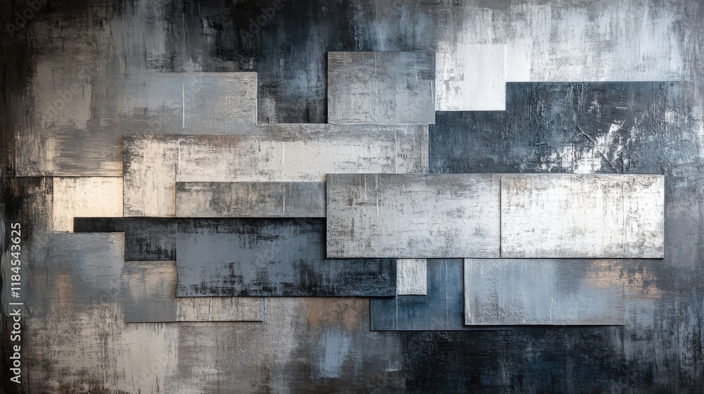Poster abstract geometric art with interlocking rectangles in gray and metallic tones