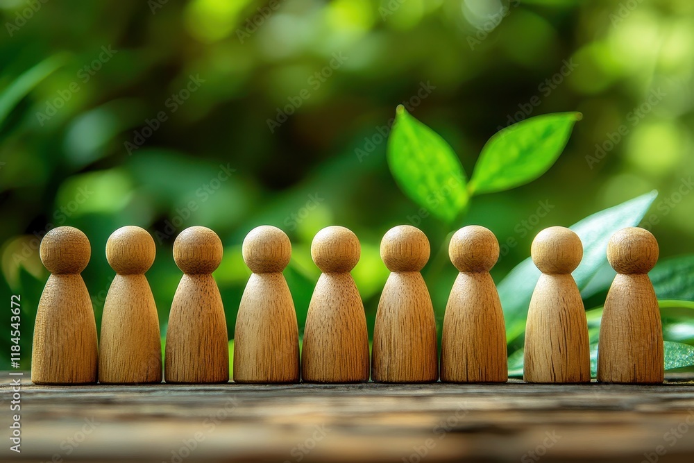 Poster wooden figurines standing in a line surrounded by lush greenery representing unity and connection in