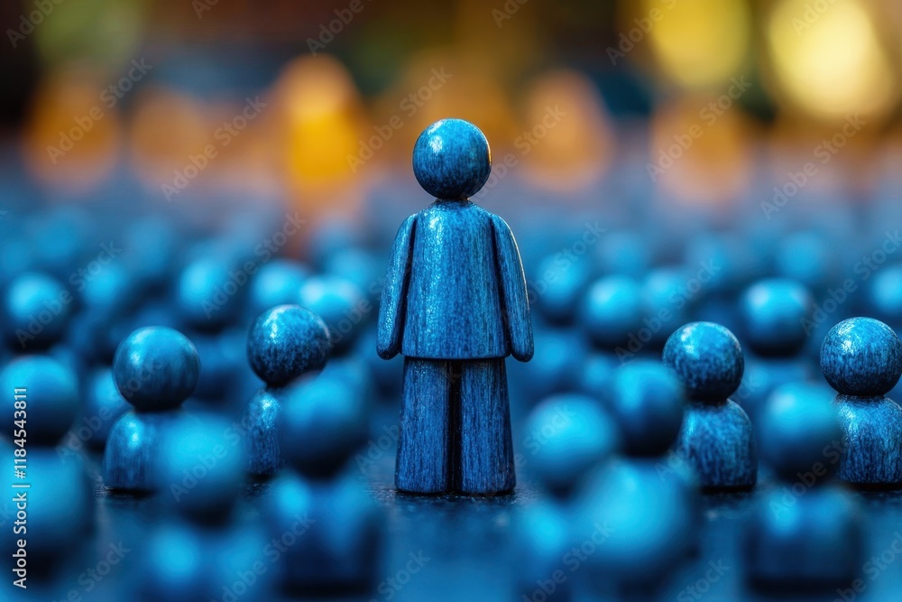 Poster blue wooden figures in a group with one standout figurine in the center creating a sense of individu