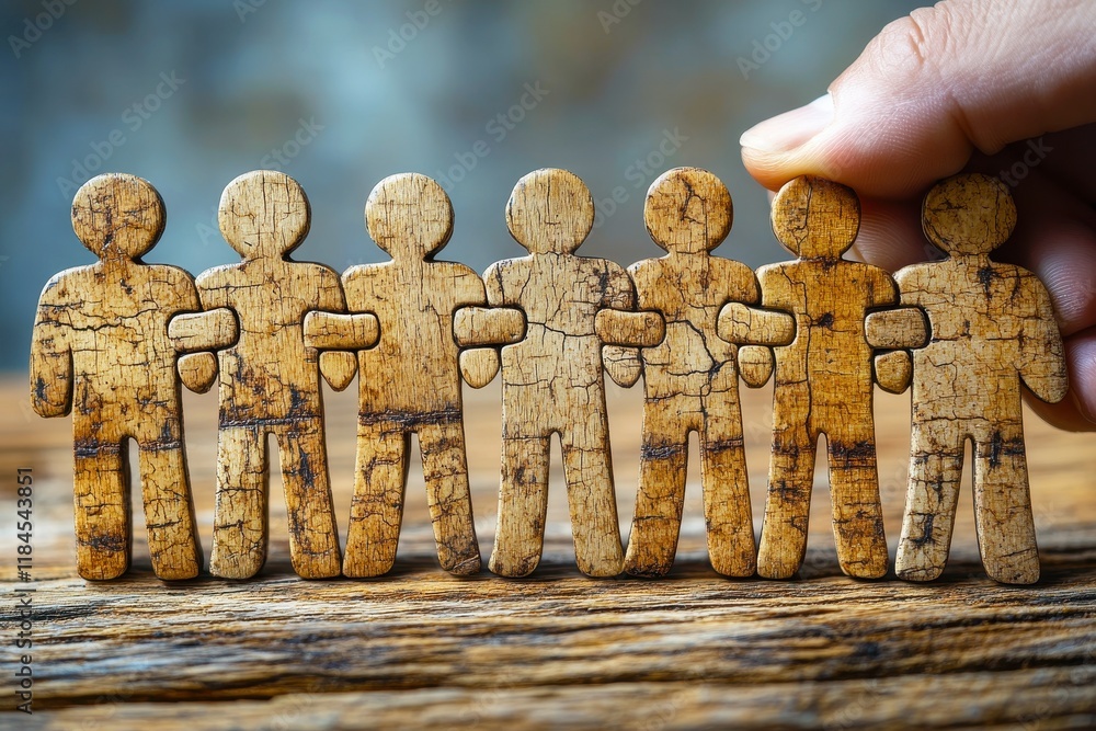 Poster wooden figures representing teamwork and collaboration on rustic background with human-like shapes s
