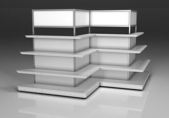 Retail shelving mockup with empty shelves and topper lightbox. 3d illustration on gray background © Wire_man