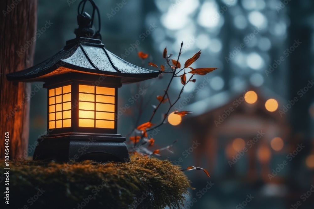 Poster a peaceful night scene of an ubosot, illuminated by soft lantern light and surrounded by the quiet o