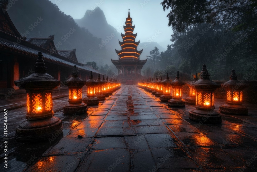 Poster a peaceful night scene of an ubosot, illuminated by soft lantern light and surrounded by the quiet o