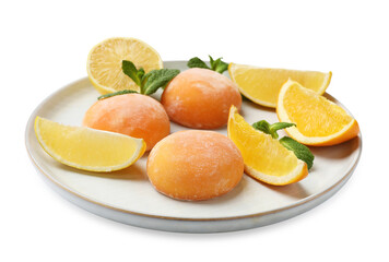 Plate with tasty mochi, cut orange, lemon and mint isolated on white