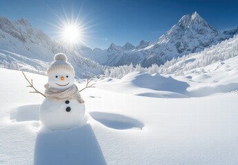 Obraz premium A snowman with a hat and scarf stands in the snow