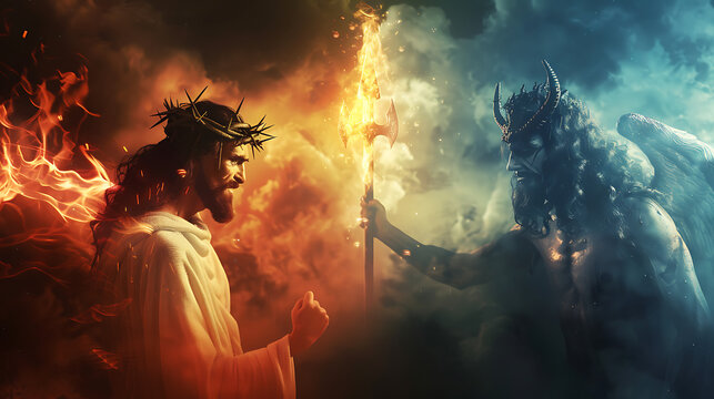 A dramatic face-off between Jesus Christ holding a glowing cross and Satan wielding a fiery trident, with a divided sky of light and darkness 