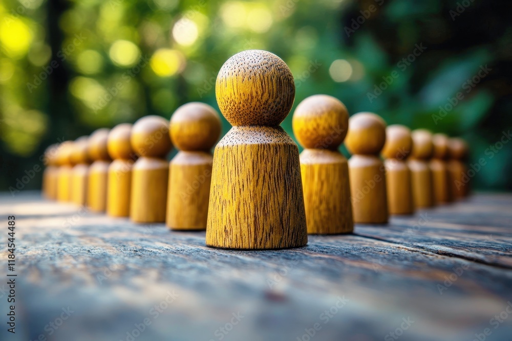 Poster group of wooden figurines on a rustic table with a blurred natural background highlighting unity and