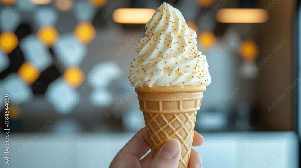 Aufkleber close-up of vanilla soft serve ice cream in a cone with sprinkles on a blurred background