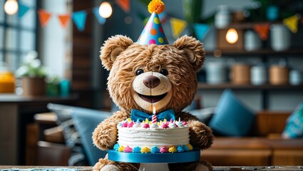 Happy birthday teddy bear with cake and candle