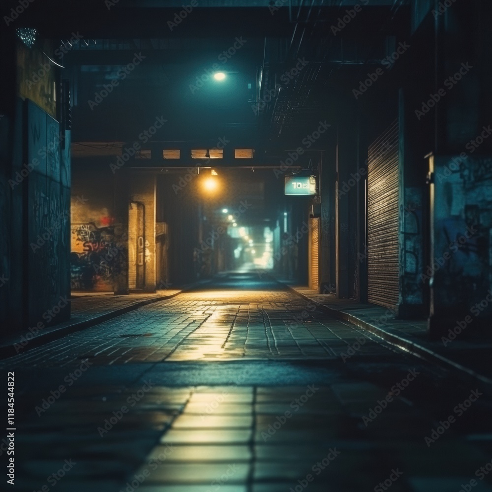 Poster empty urban street features symbolic virus motif in the dim light of night showcasing an eerie atmos