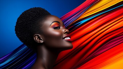 Vibrant portrait of a young Black woman, her beauty enhanced by bold makeup against a backdrop of flowing, colorful fabric.