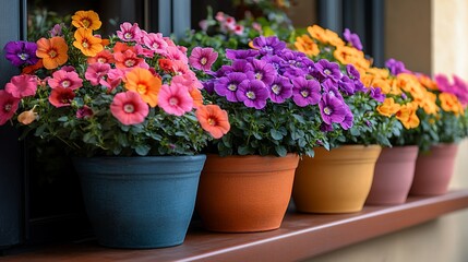 Fototapeta premium Colorful potted flowers in a row on a windowsill.
